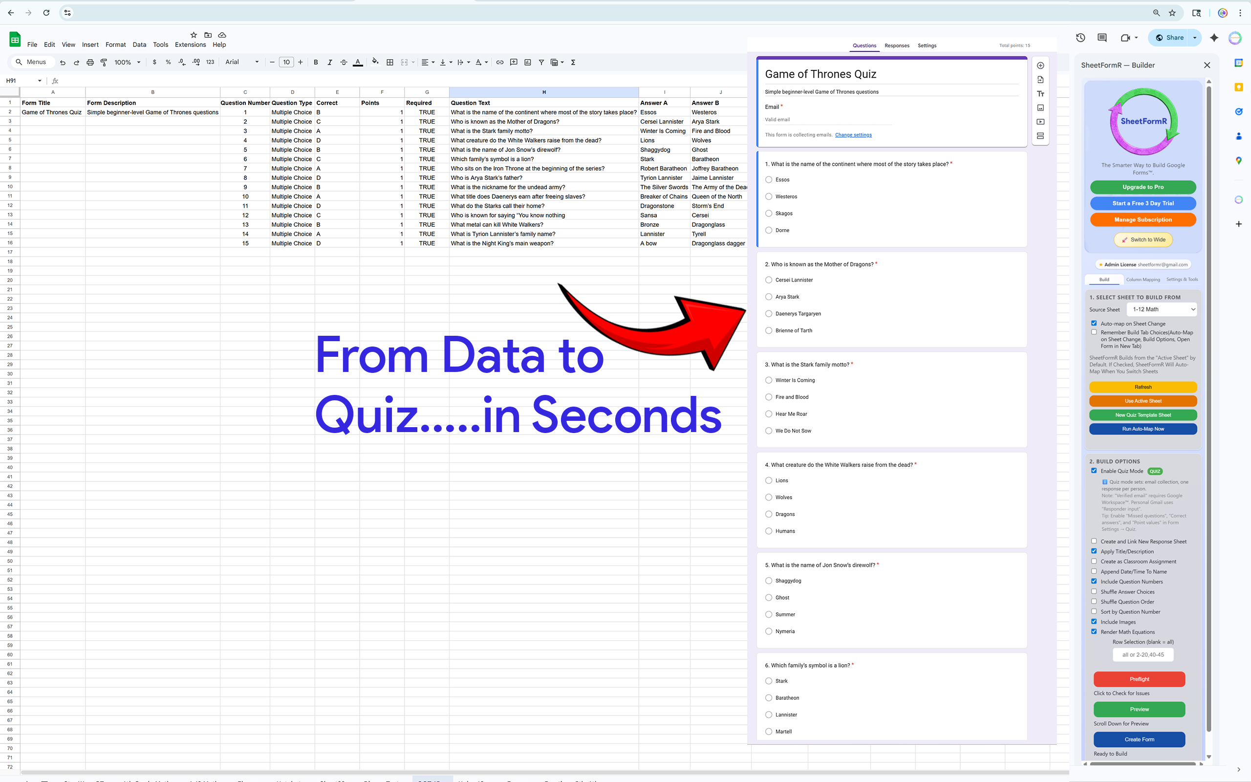 SheetFormR wide modal Build tab with sheet selector and build options