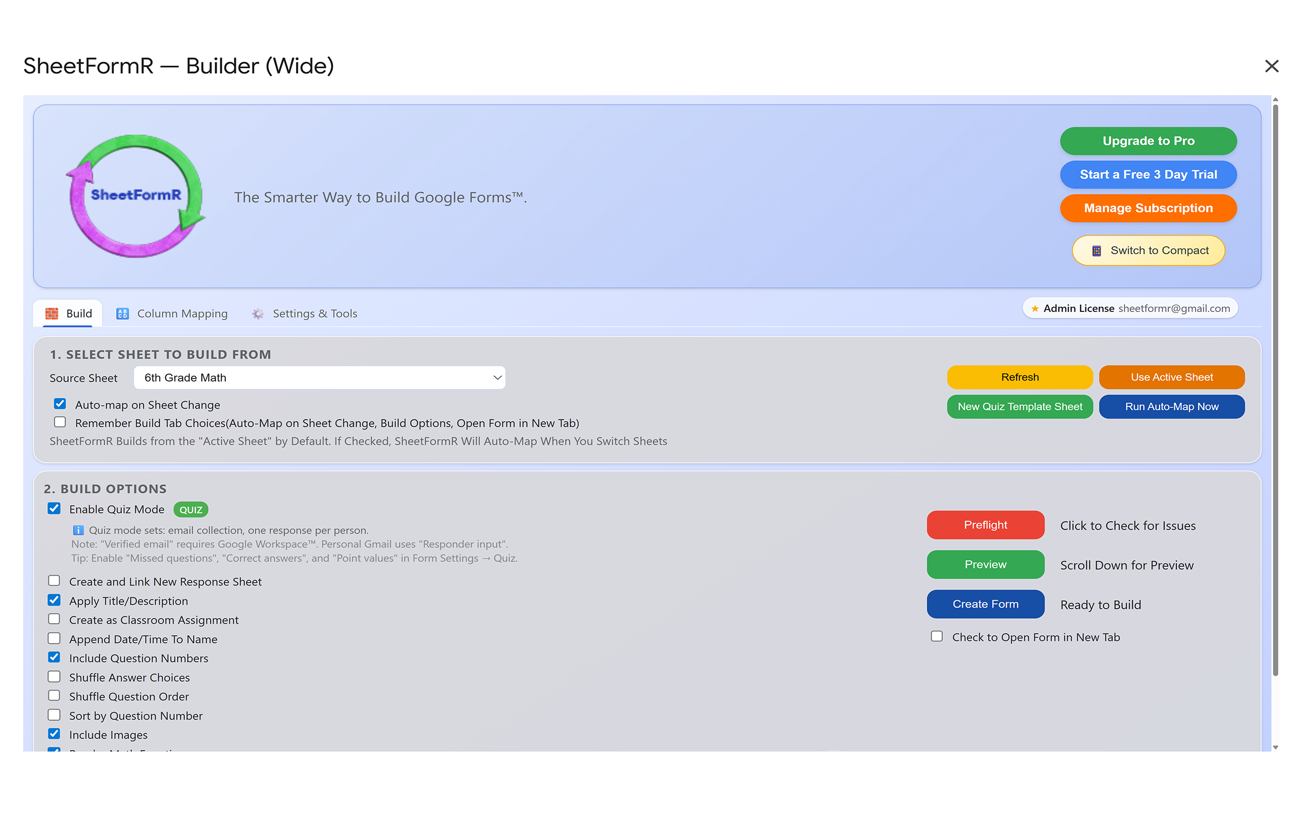 SheetFormR compact sidebar Column Mapping with dropdowns