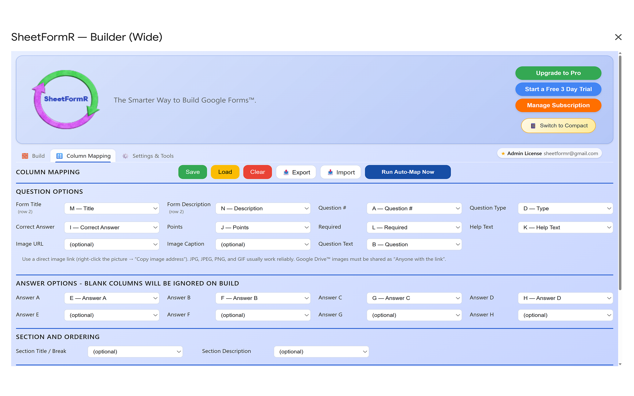 SheetFormR wide modal Column Maps tab with all mapping options