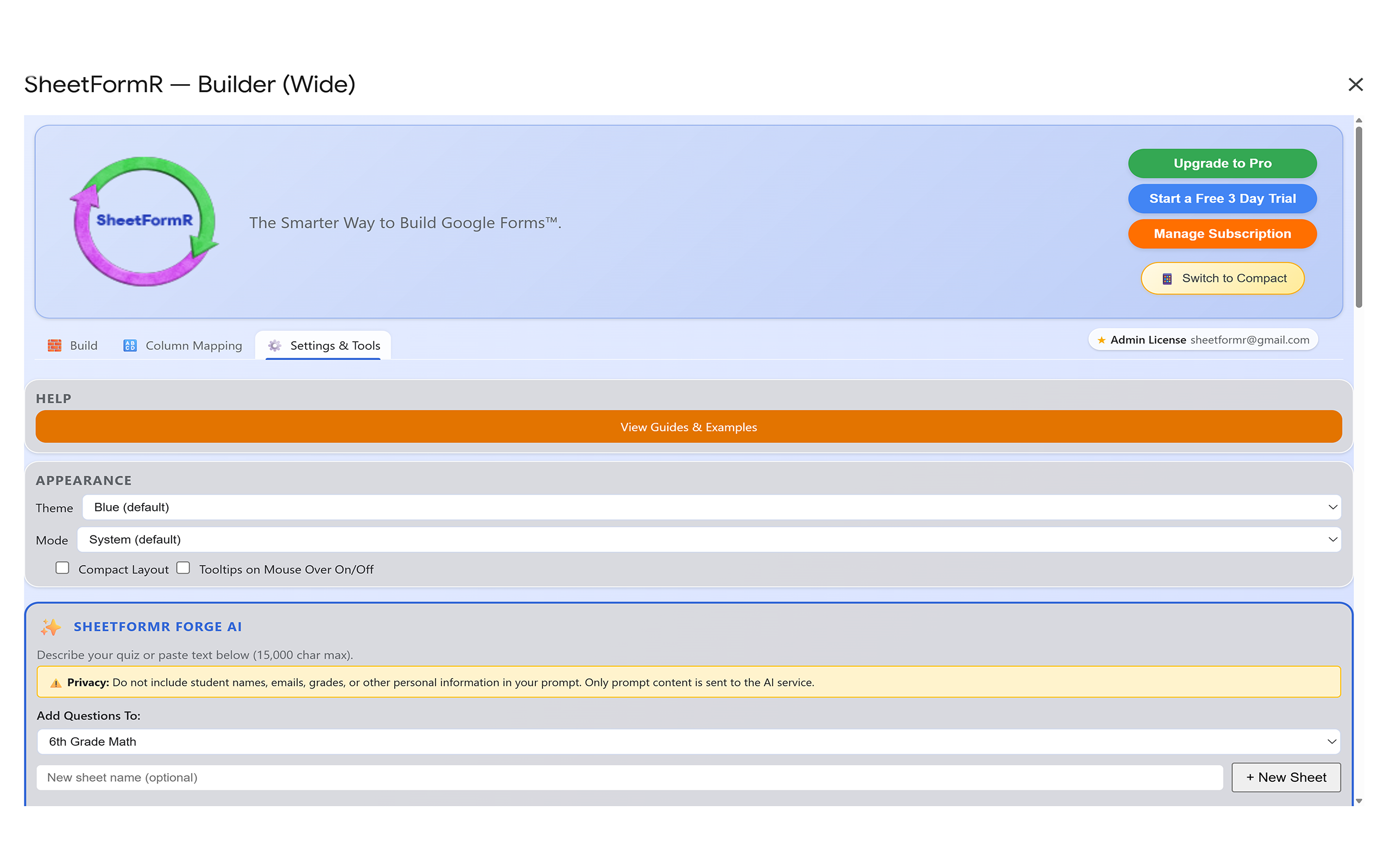 SheetFormR compact sidebar with Forge AI and Polish sections
