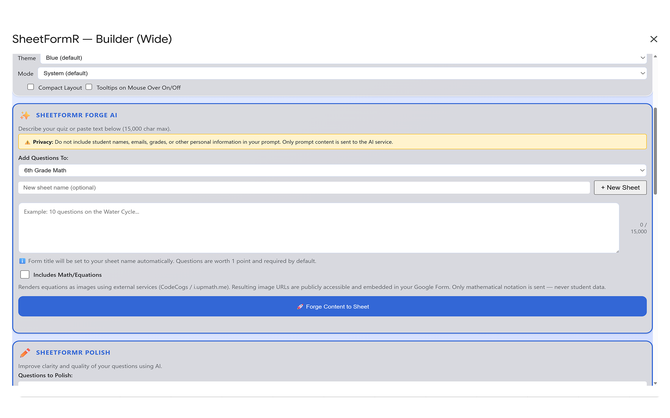 SheetFormR Settings tab with Forge AI and appearance options