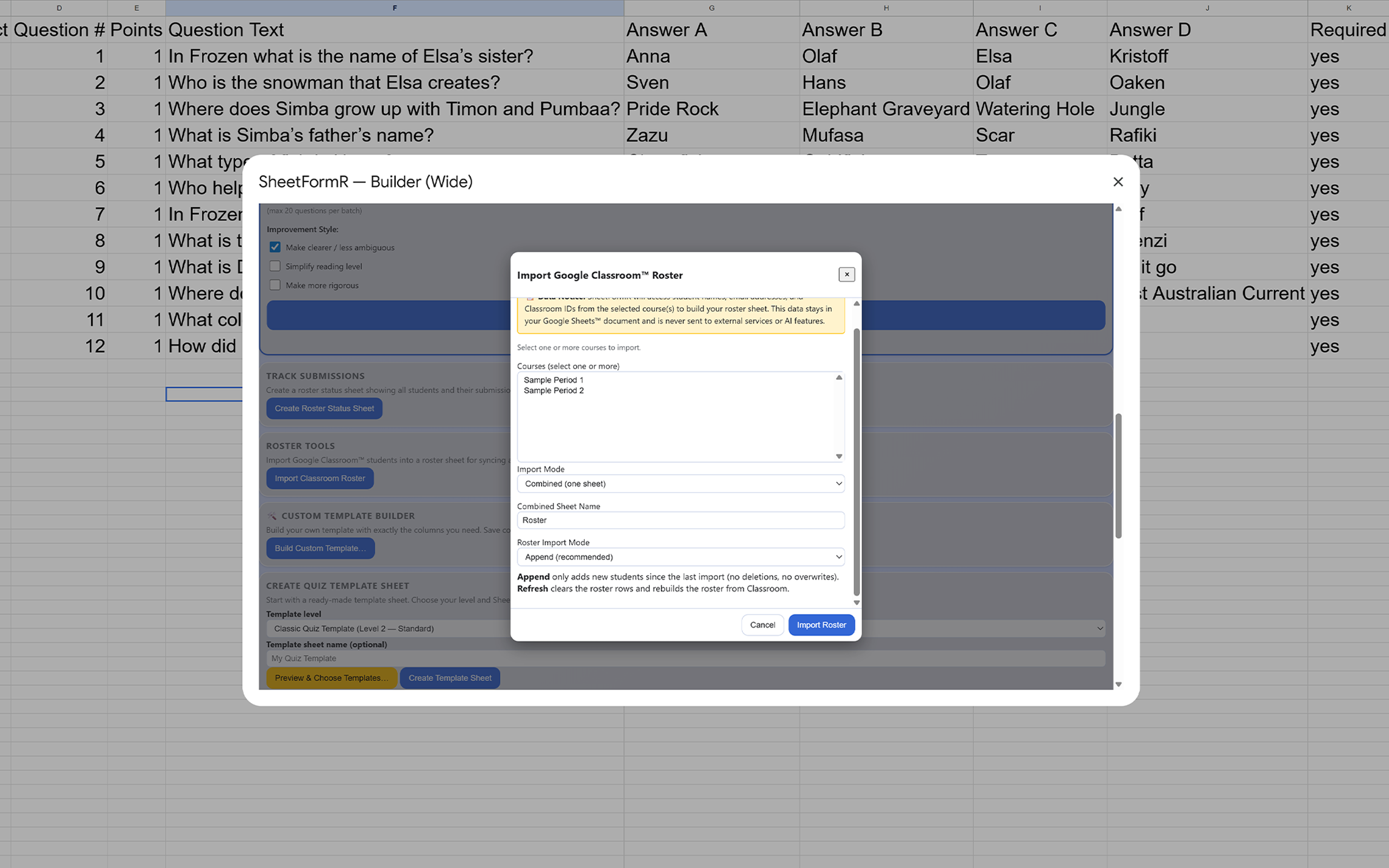 Google Form quiz output with numbered questions