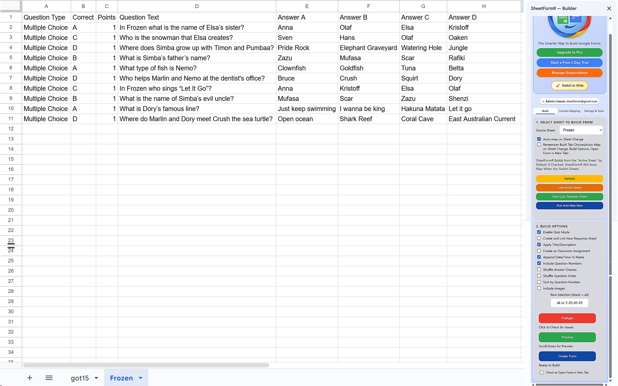 SheetFormR compact sidebar with Build tab and quiz options
