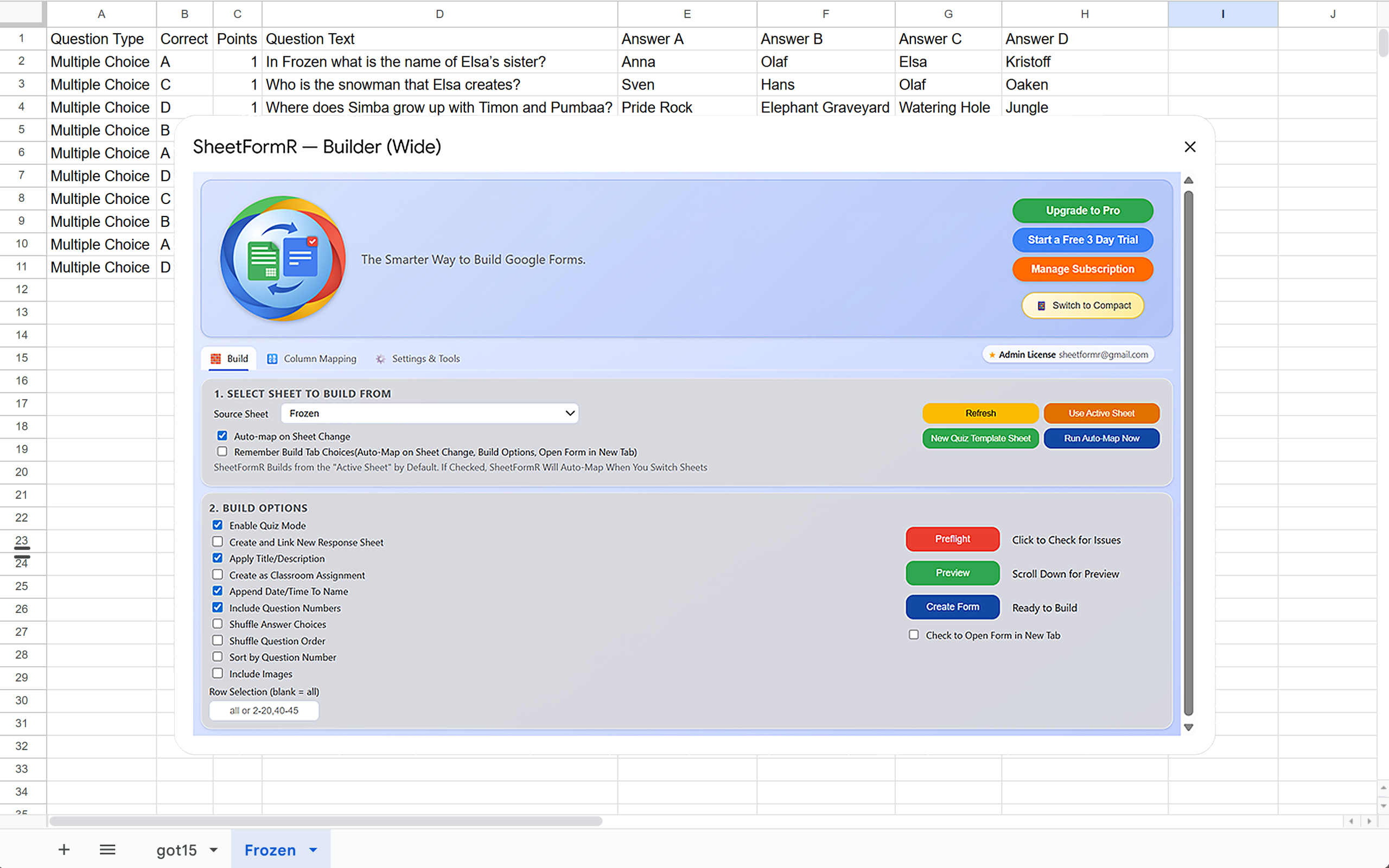 SheetFormR wide modal Build tab with sheet selector and build options