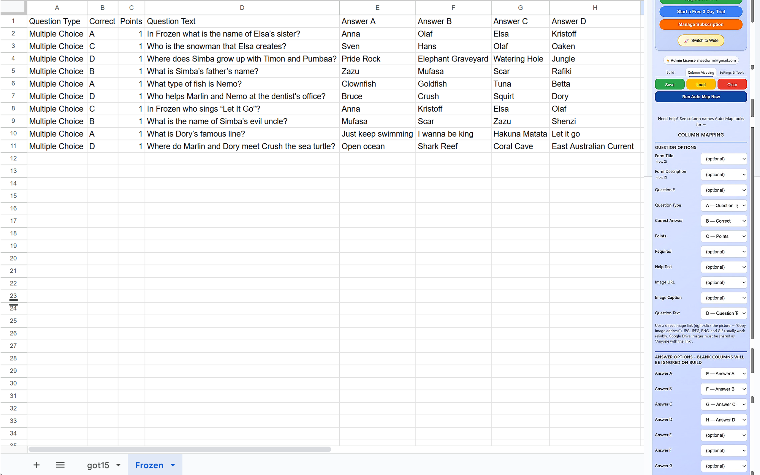 SheetFormR compact sidebar Column Mapping with dropdowns