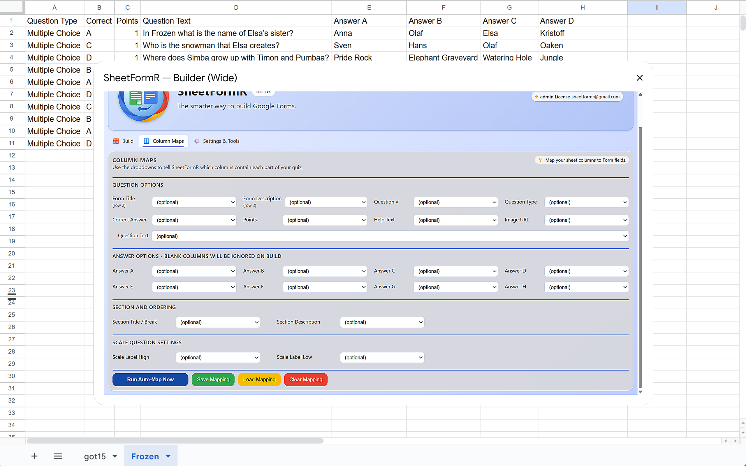 SheetFormR wide modal Column Maps tab with all mapping options