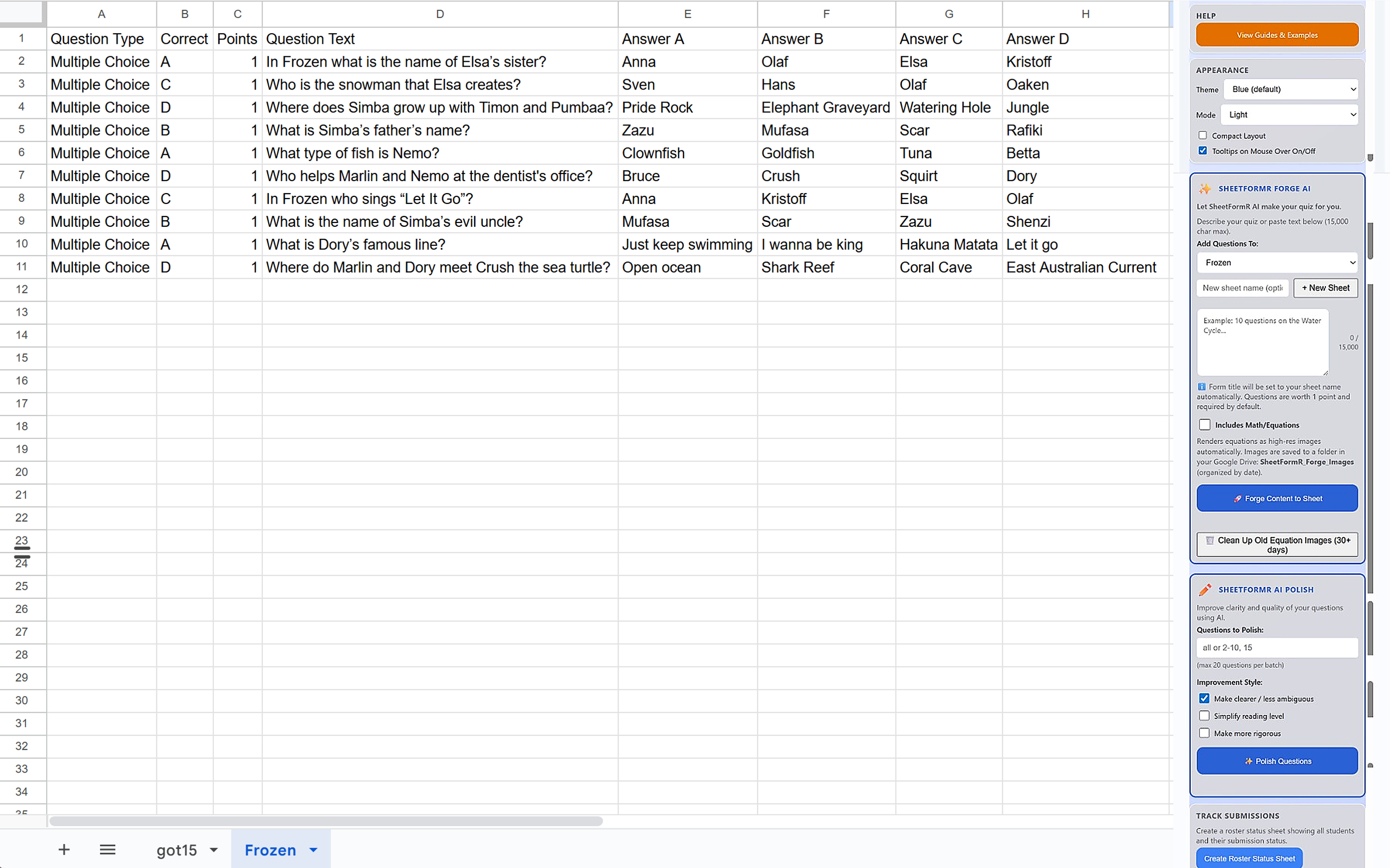 SheetFormR compact sidebar with Forge AI and Polish sections