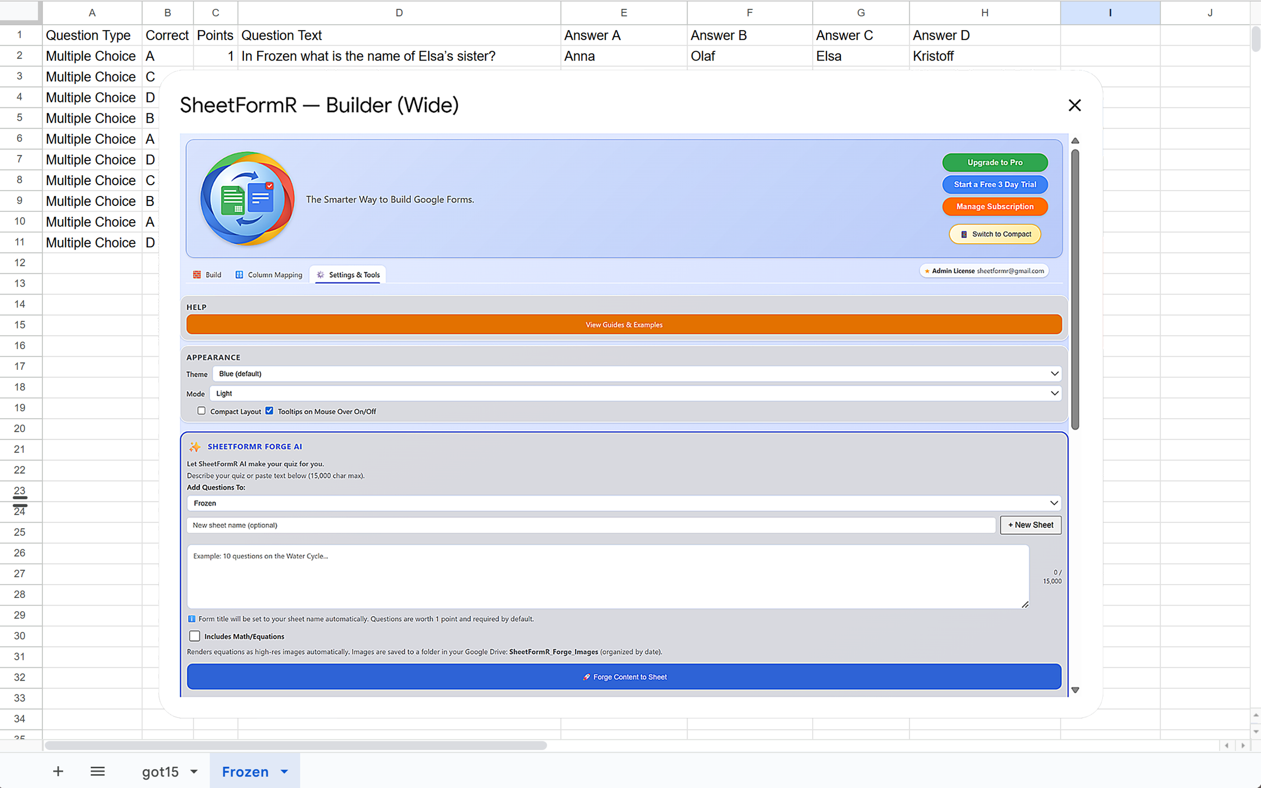 SheetFormR Settings tab with Forge AI and appearance options