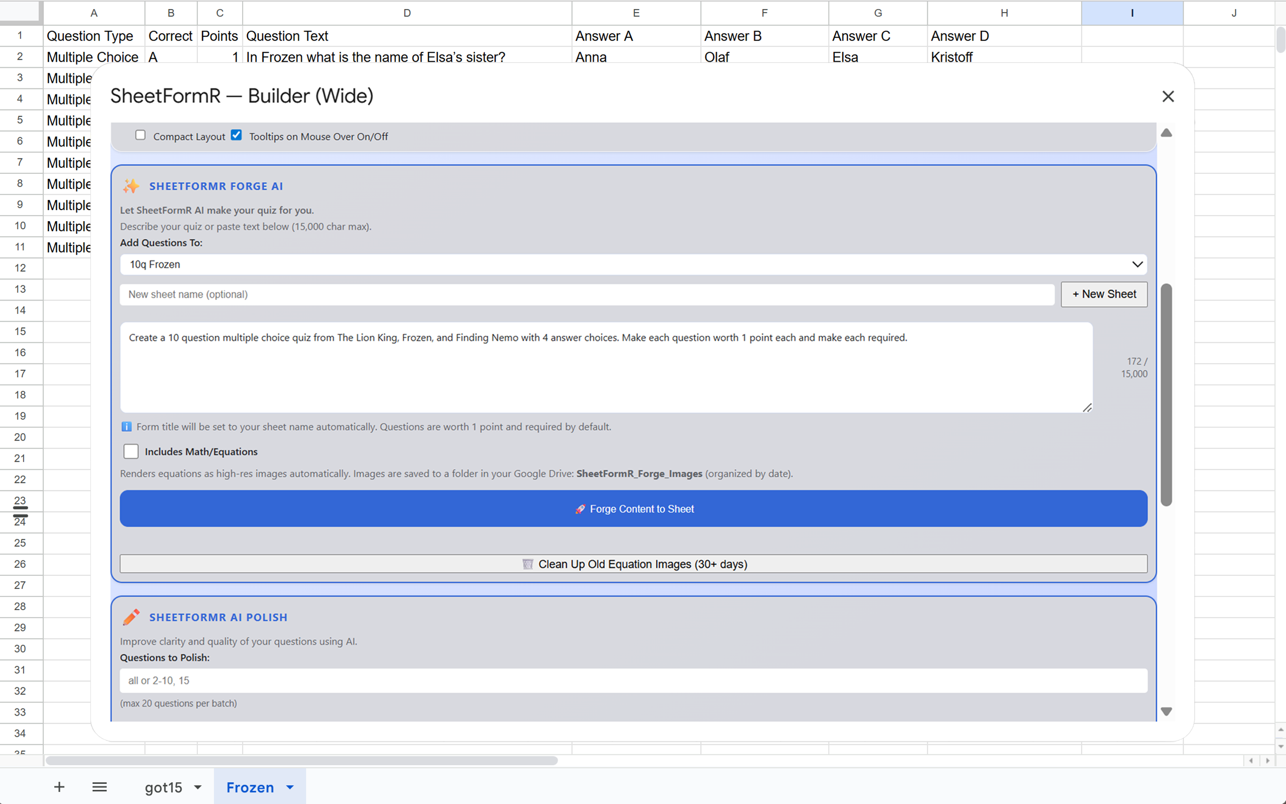 Google Form quiz output with numbered questions